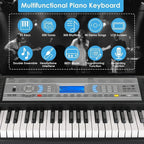 Conjunto de Piano Teclado Eléctrico de 61 Teclas, Diseñado para Principiantes, con 500 Sonidos y un Modo de Enseñanza de Tres Niveles, Incluye un Soporte, Taburete, Pantalla LCD y Atril