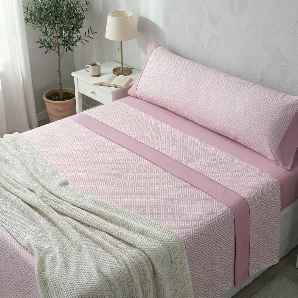 Juego de cama de 3 piezas con estampado de verano | Sábana bajera, colcha, funda de almohada | Estampado sencillo de hojas coloridas | Tela suave | 90 cm - Varios tamaños disponibles - Rosa