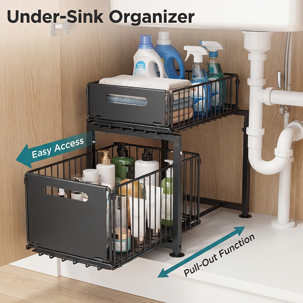 Organizador de 2 niveles para debajo del fregadero, cajones extraíbles, acero al carbono, almacenamiento para cocina y baño, almacenamiento deslizante sin taladrar para cocina, altura ajustable, , gran capacidad de carga