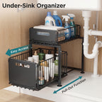 Organizador de 2 niveles para debajo del fregadero, cajones extraíbles, acero al carbono, almacenamiento para cocina y baño, almacenamiento deslizante sin taladrar para cocina, altura ajustable, , gran capacidad de carga