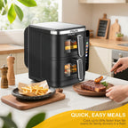Freidora de Aire de 11L con Ventana de Fácil Visualización, Cajones Verticales Dobles, Cocción en 4 Niveles, Capacidad XXL - 2 Cestas de 5.5L, 2 Cajones y 2 Rejillas, Ahorro de Espacio, 10 Funciones, Sincronización y Compatibilidad, Libre de PFAS, 2800W