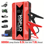 Arrancador portátil de batería de coche KOPUO 6000A - Herramienta profesional de mecánico automotriz (hasta 8.5L gasolina/7L diésel) Banco de baterías de emergencia de 12V con pinzas de seguridad inteligentes, pantalla LCD, diseño de luz LED ultrabrillant