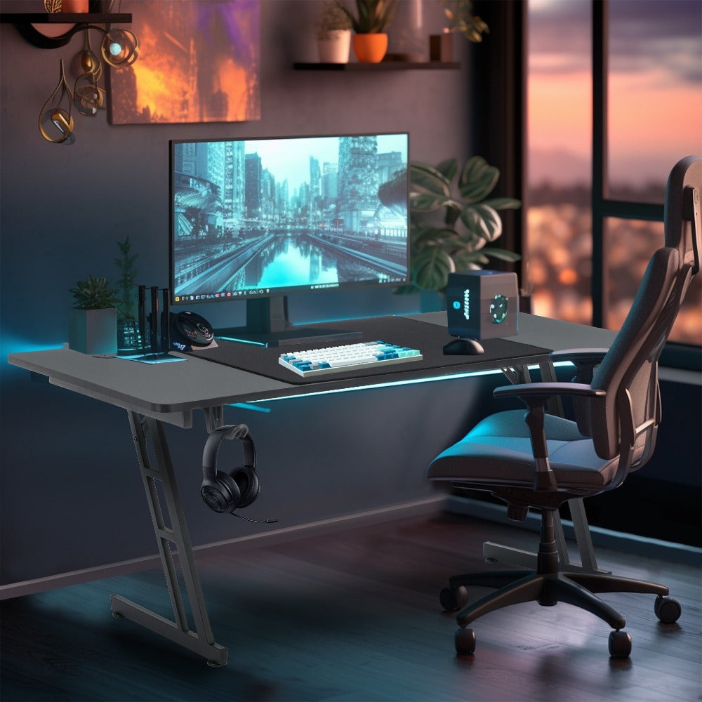 Mesa Gaming Mesa Gaming Escritorio Negro Tapa de Fibra de Carbono Mesa de Ordenador Gamer Mesa de PC Ergonómica con Agujero para Cables