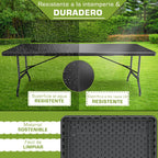 tillvex® Mesa de jardín plegable 180x75cm, resistente a la intemperie | Mesa de camping y buffet de plástico con asa | Para jardín, terraza, camping, balcón, 6 personas, negro