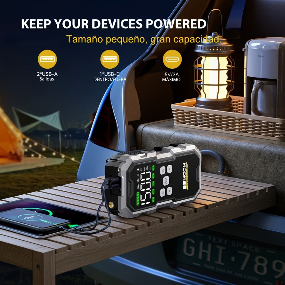 Arranque de coche con compresor de aire e inflador de neumáticos inalámbrico, arrancador de batería de 12000A con banco de energía y linternas LED, caja de arranque automático de 12V para todos los vehículos de gasolina o diésel de 10.0L con estuche de tr