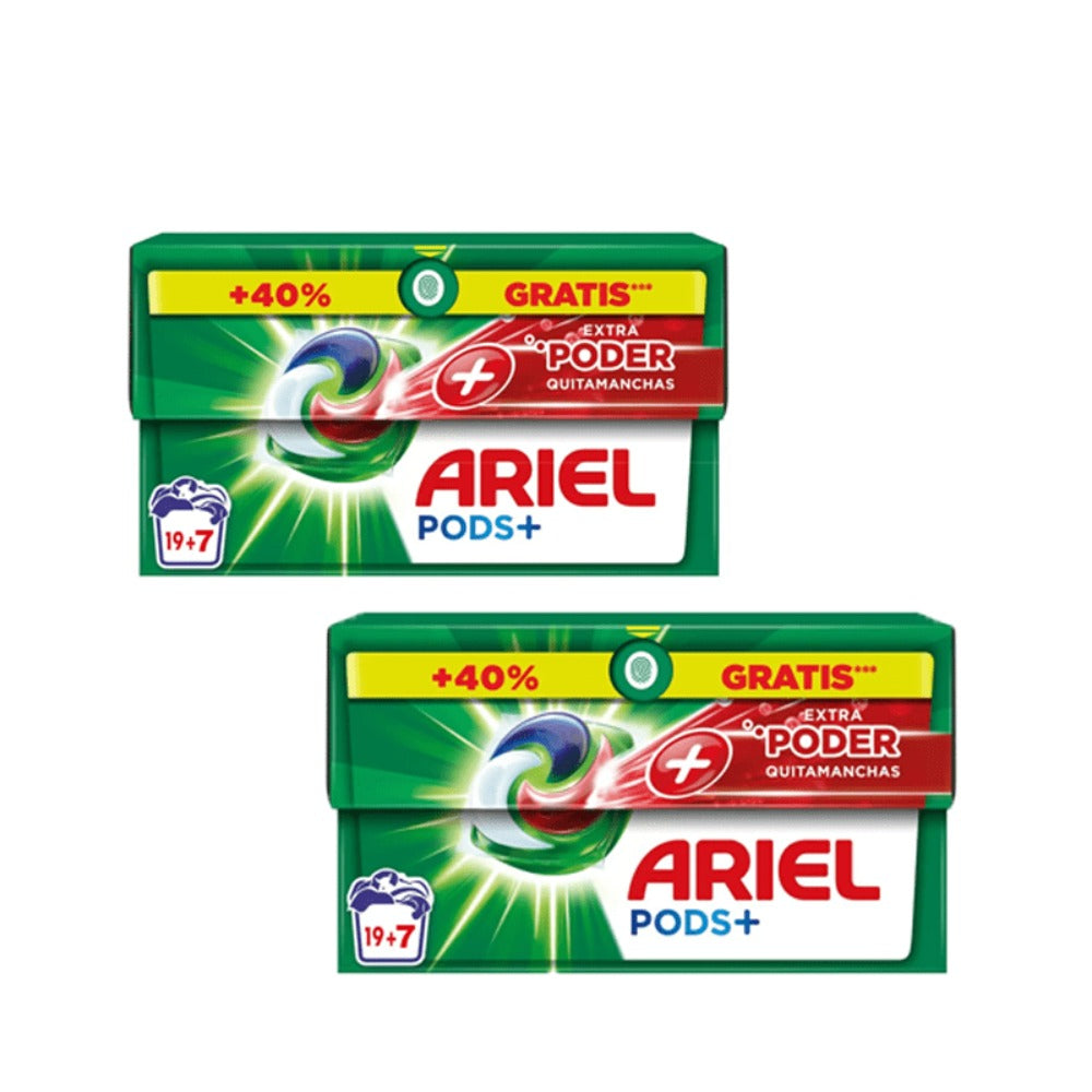 Pack De Ariel All-in-One Detergente Lavadora Líquido en Cápsulas/Pastillas,19+7 ( 26-130) Lavados, Más Poder Extra Quitamanchas, Limpieza Profunda