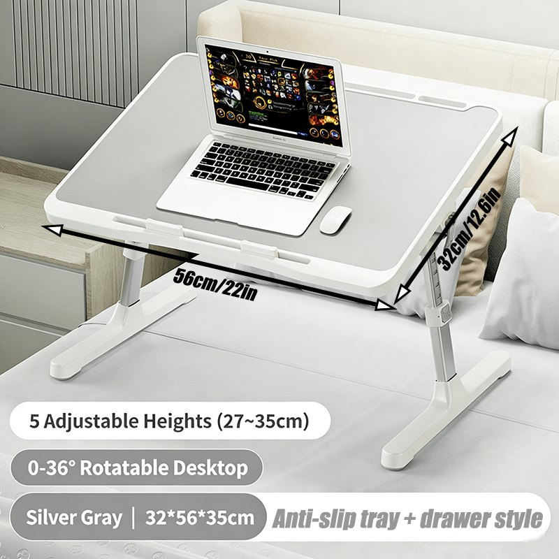 Mesa plegable para portátil de 1 pieza, bandeja de mesa para cama para portátil, mesa portátil para cama y portátil, mesa pentagonal ajustable para portátil con ranuras, barras antideslizantes y cajones para cama, sofá, desayuno, trabajo, estudio, lectura
