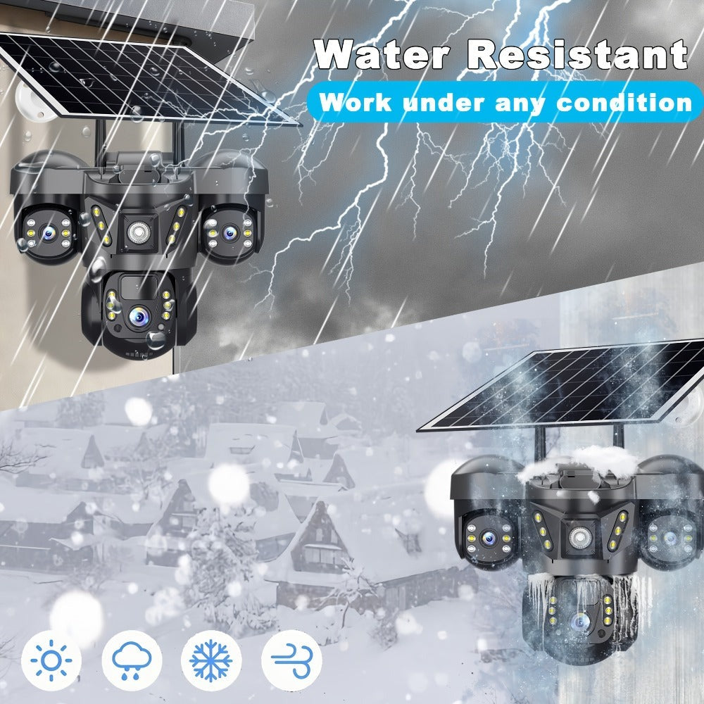 Cámara solar con WiFi V380 PRO de 3 lentes, 1080P, resistente al agua, HD, para exteriores, CCTV, visión nocturna, audio bidireccional, cámara de red con seguimiento de movimiento, cámara PTZ, seguimiento automático, alarma y visión nocturna en color, rot