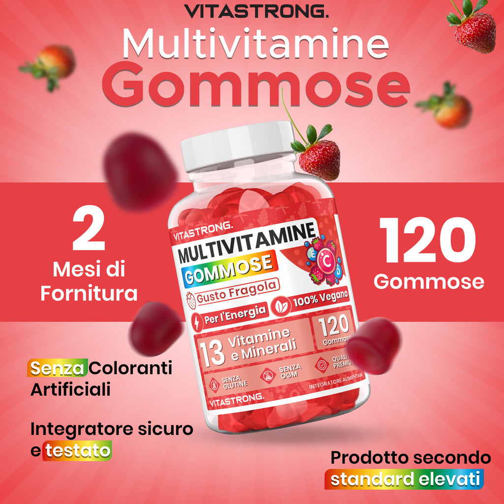Gomitas multivitamínicas Vitastrong, 120 gomitas, 13 vitaminas y minerales, suplemento dietético para adultos, fórmula 100 % vegana, sin gluten, sin lactosa, sin sacarosa