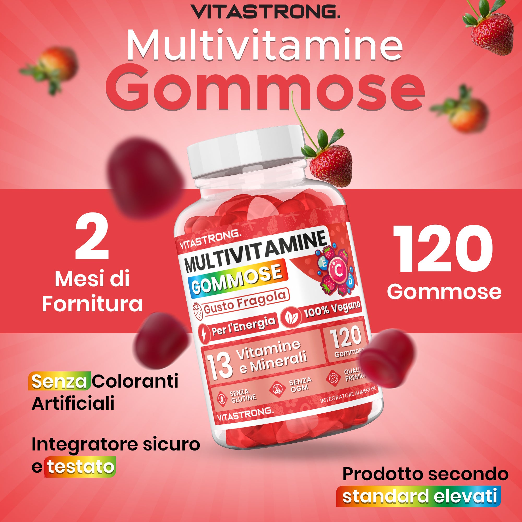 Gomitas multivitamínicas Vitastrong, 120 gomitas, 13 vitaminas y minerales, suplemento dietético para adultos, fórmula 100 % vegana, sin gluten, sin lactosa, sin sacarosa