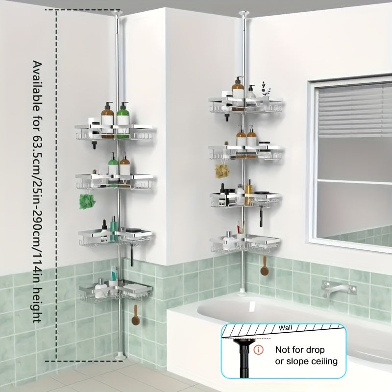 Estante de esquina ajustable de acero inoxidable para baño, 4 niveles, resistente al óxido, con soporte de tensión para ducha, con ganchos y jabonera, ideal para bañera/ducha (63.5-290 cm), organizador de almacenamiento de baño de alta gama sin taladro