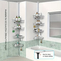 Estante de esquina ajustable de acero inoxidable para baño, 4 niveles, resistente al óxido, con soporte de tensión para ducha, con ganchos y jabonera, ideal para bañera/ducha (63.5-290 cm), organizador de almacenamiento de baño de alta gama sin taladro