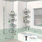 Estante de esquina ajustable de acero inoxidable para baño, 4 niveles, resistente al óxido, con soporte de tensión para ducha, con ganchos y jabonera, ideal para bañera/ducha (63.5-290 cm), organizador de almacenamiento de baño de alta gama sin taladro