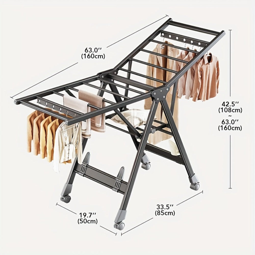 Perchero Plegable de Aluminio Resistente con Estante para Zapatos - Diseño en 3 Segundos, Altura Ajustable, 4 Ruedas para Uso Interior/Exterior, Montaje Sin Herramientas, Estabilidad en Forma de A, Ahorro de Espacio Gris, Secado de Ropa Portátil, Construc