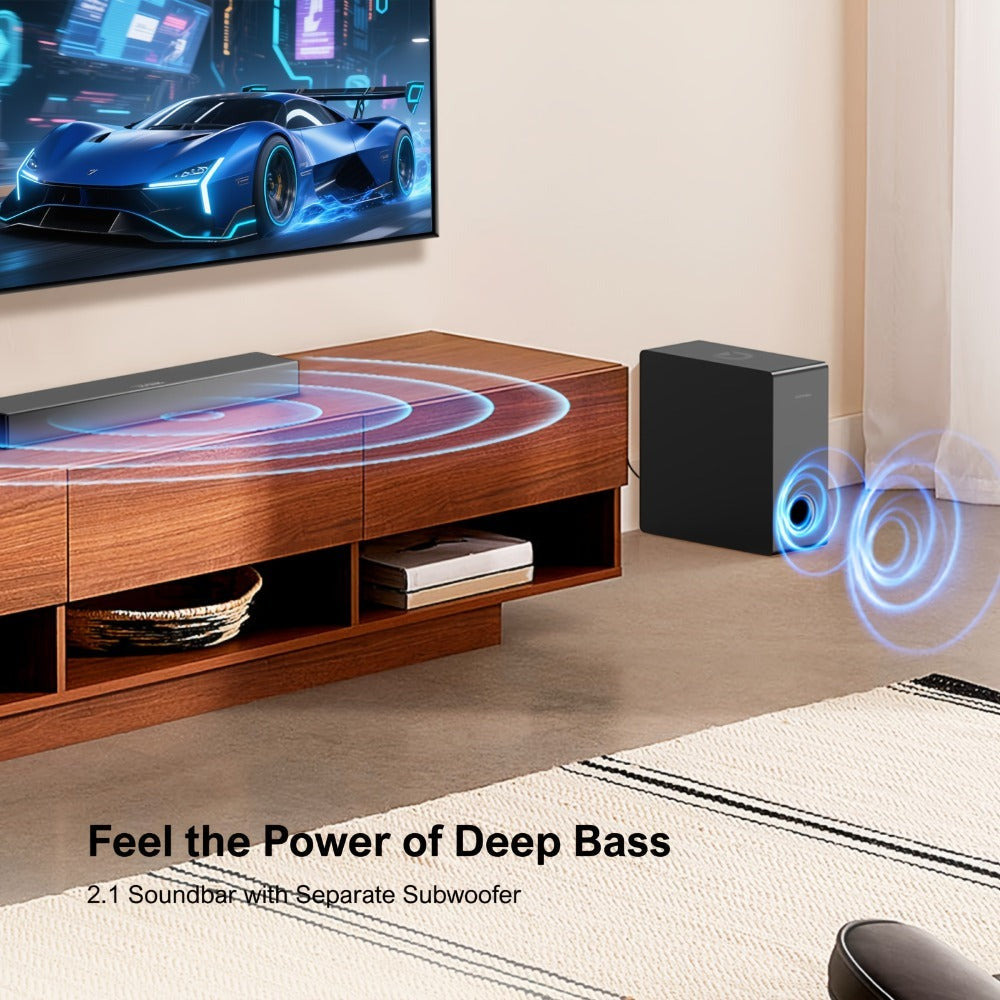 ULTIMEA Barra de sonido 2.1 canales para TV, Barra de sonido compacta para cine en casa con Bluetooth 5.3, Barra de sonido con subwoofer con cable, 160W de potencia máxima, Realce de graves, Incluye control remoto, Barra de sonido ultrafina Nova S40 (Reno