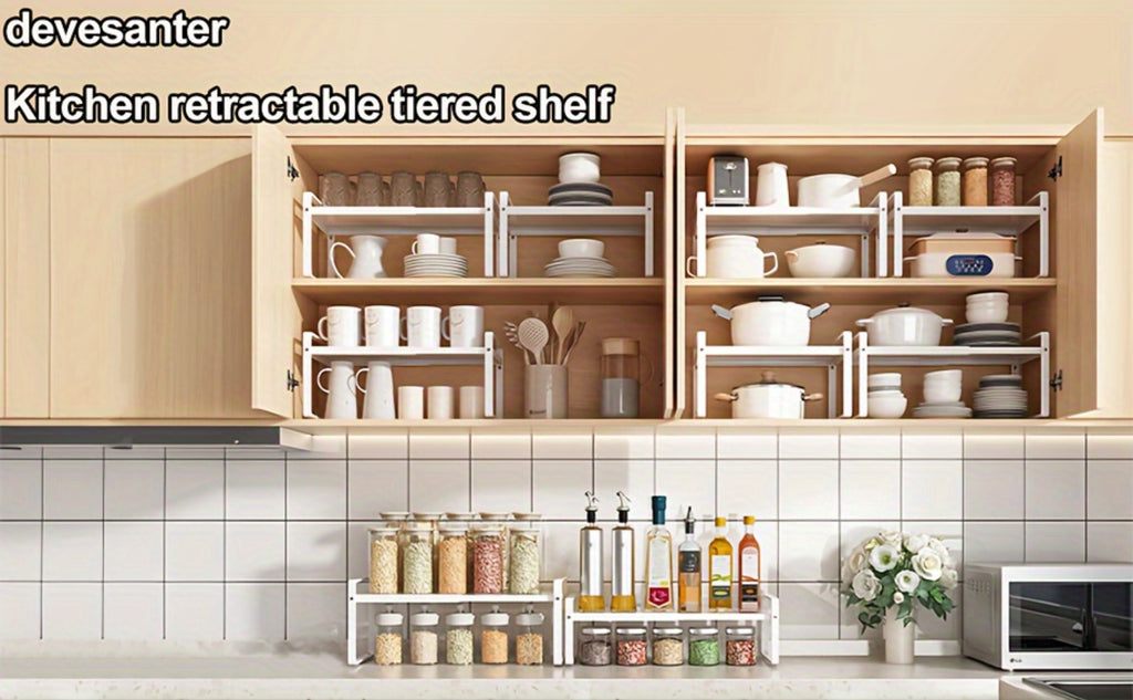 Organizador de Estantes de Cocina Metálicos Ajustables y Expandibles, Estante de Especias para Alacenas y Encimeras, Ideal para Despensa, Baño - Estantes de Soporte Superior Multiusos, Organizadores y Almacenamiento de Cocina, Estantes de Utilidad