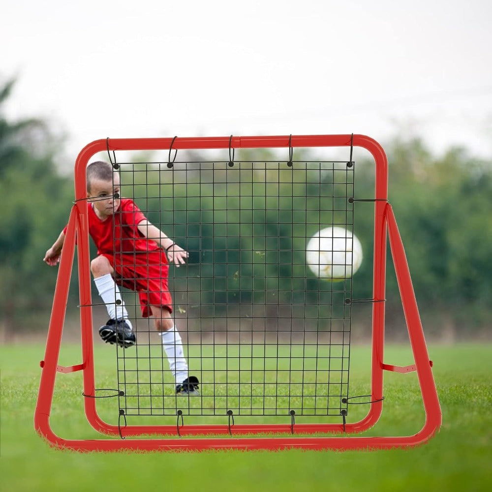 Red de Rebote de Fútbol 100x65cm Pared de Rebote Plegable con 4 Niveles Ajustables Accesorios de Entrenamiento Red de Acero Rojo + Red de PE para Patear, para Ejercicio, Fútbol, etc