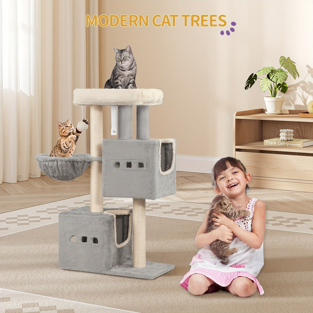 Árbol para Gatos de 98 cm, Árbol Pequeño con Perchas, Múltiples Niveles, Casa para Gatos con 2 Cuevas, Poste Rascador de Sisal y Hamaca