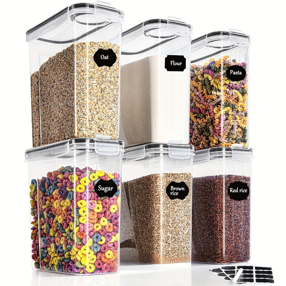 Juego de 6 recipientes herméticos de 2.5L para almacenamiento de alimentos, color , con tapas para organización y almacenamiento de despensa de cocina, frascos de plástico para cereales, pasta, harina y azúcar - Juego de cucharas, etiquetas y marcadores,