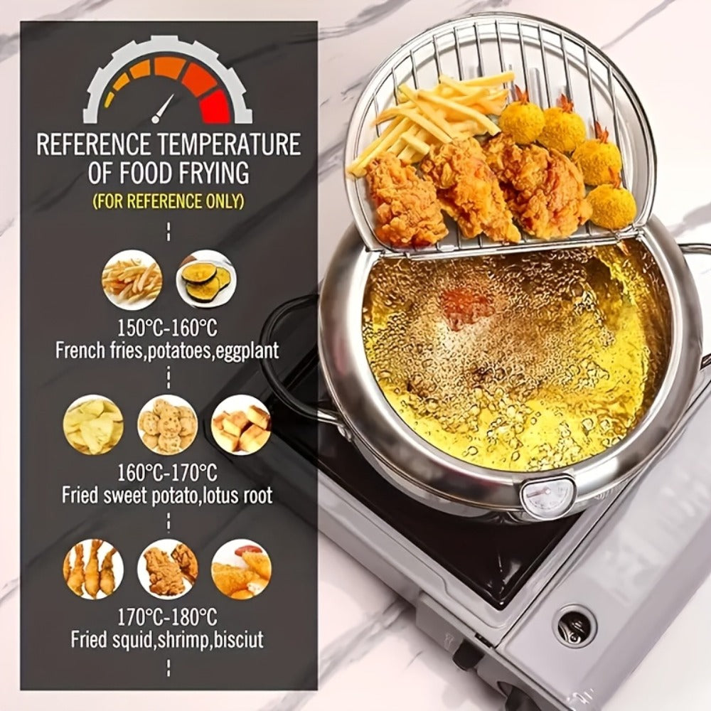 Olla freidora de acero inoxidable con tapa, sartén para freír profunda que ahorra aceite con termómetro, utilizada para freír papas fritas, alitas de pollo y camarones, compatible con estufas de gas y placas de inducción, utensilios de cocina | Suministro