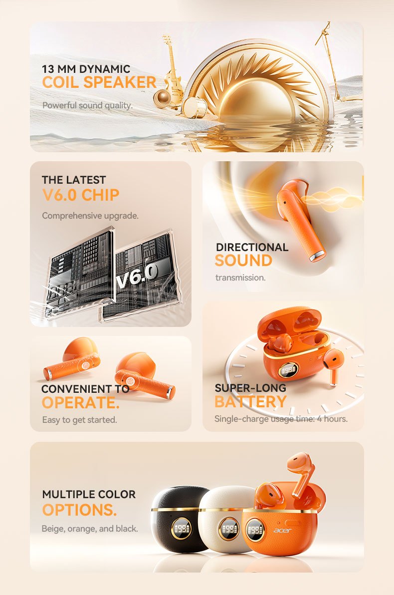 Auriculares Bluetooth | Auriculares inalámbricos Acer OHR544, marca original, decodificación Hi-Fi de alta definición, sonido envolvente 3D