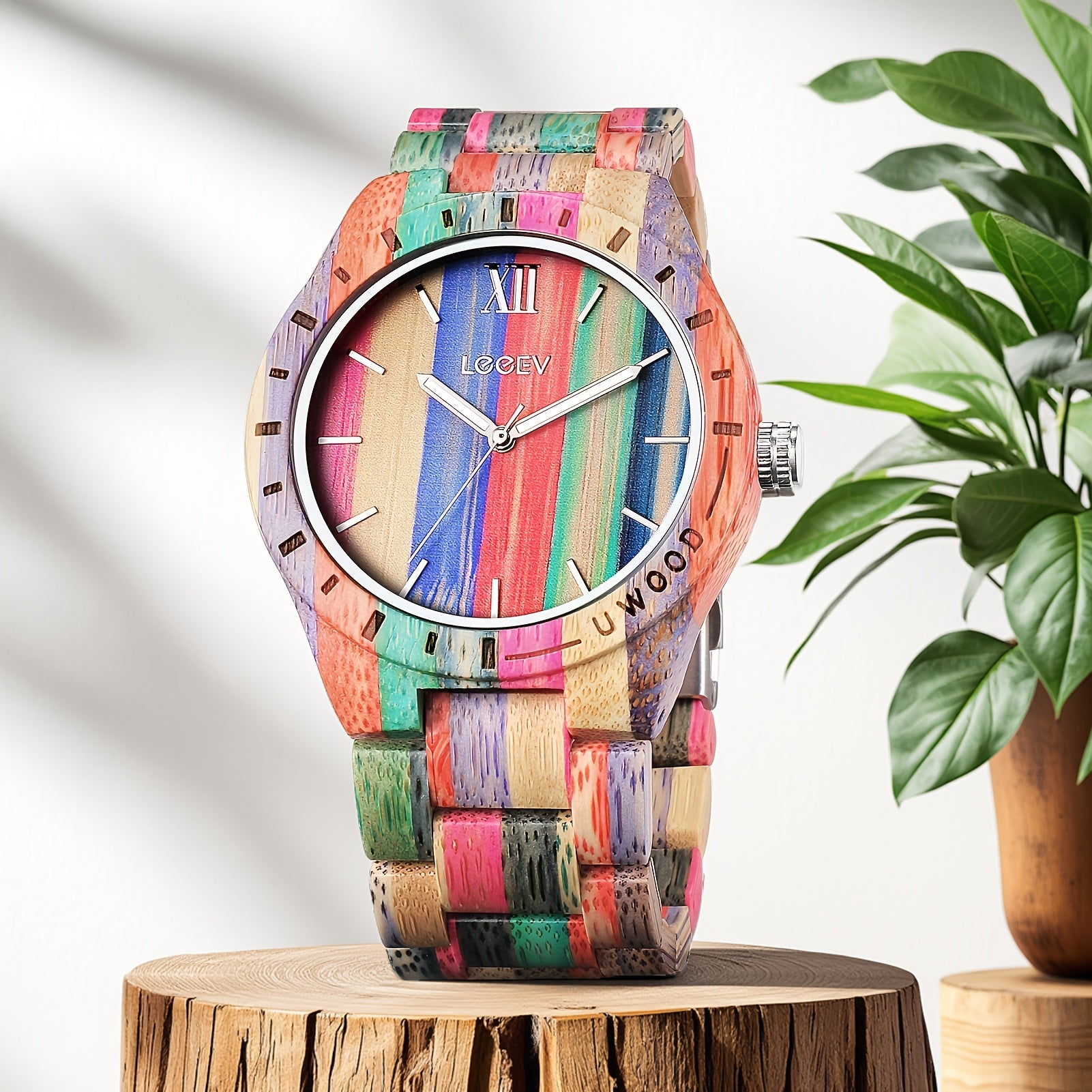Leeev Reloj de Mano Ligero y Distintivo de Madera para Hombre, Colección Uwood Hecho a Mano de Sándalo Analógico de Cuarzo Vintage con Números Romanos, Reloj de Pulsera de Madera Natural