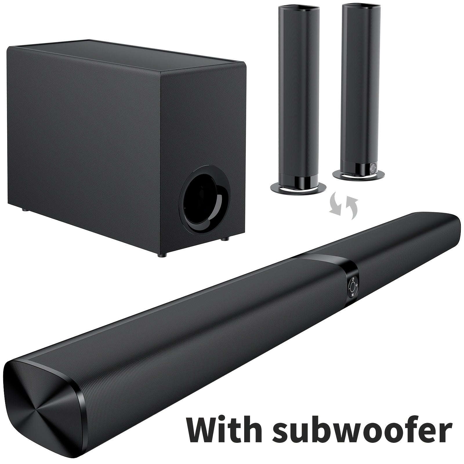 Barra de sonido con subwoofer, barra de sonido para Smart TV, con graves profundos, aumento de volumen y 3 modos de ecualizador, conexión inalámbrica/ARC/óptica/AUX, barra de sonido desmontable con control remoto por infrarrojos