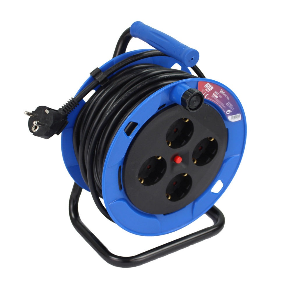 Tayg Extensible Eléctrico Plástico – Enrollacables Azul/Negro con 4 Enchufes, Uso Interior/Exterior
