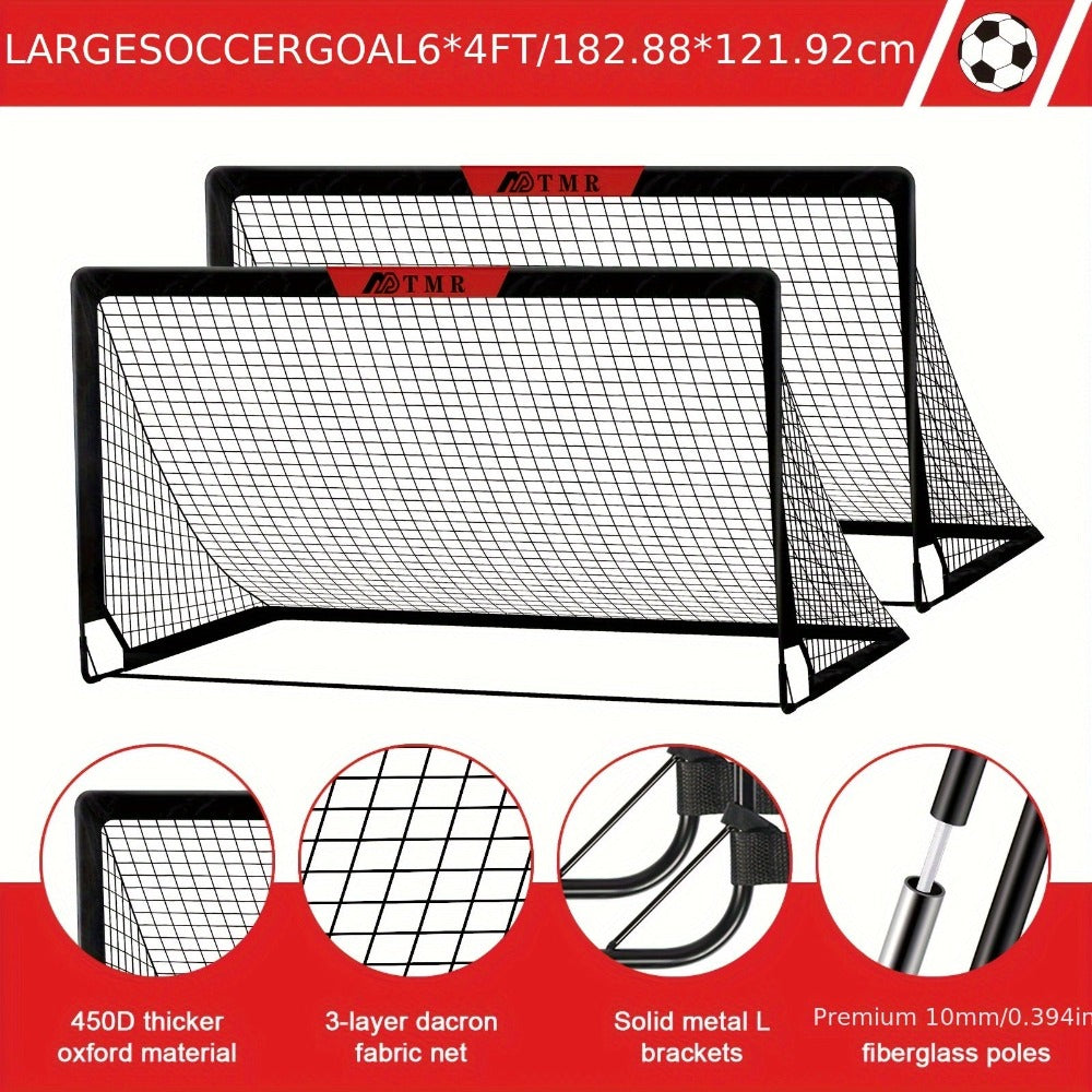El conjunto de porterías de fútbol incluye 2 porterías negras, una pelota de fútbol tamaño 4, una bomba de aire, una escalera de agilidad y conos marcadores