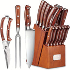 16 piezas de complementos de cocina, juego de cocina, artículos de cocina, con mango de madera, juego de acero inoxidable con bloque de madera, electrodomésticos y complementos de cocina profesionales con acero de afilar, regalo de Navidad ideal para madr