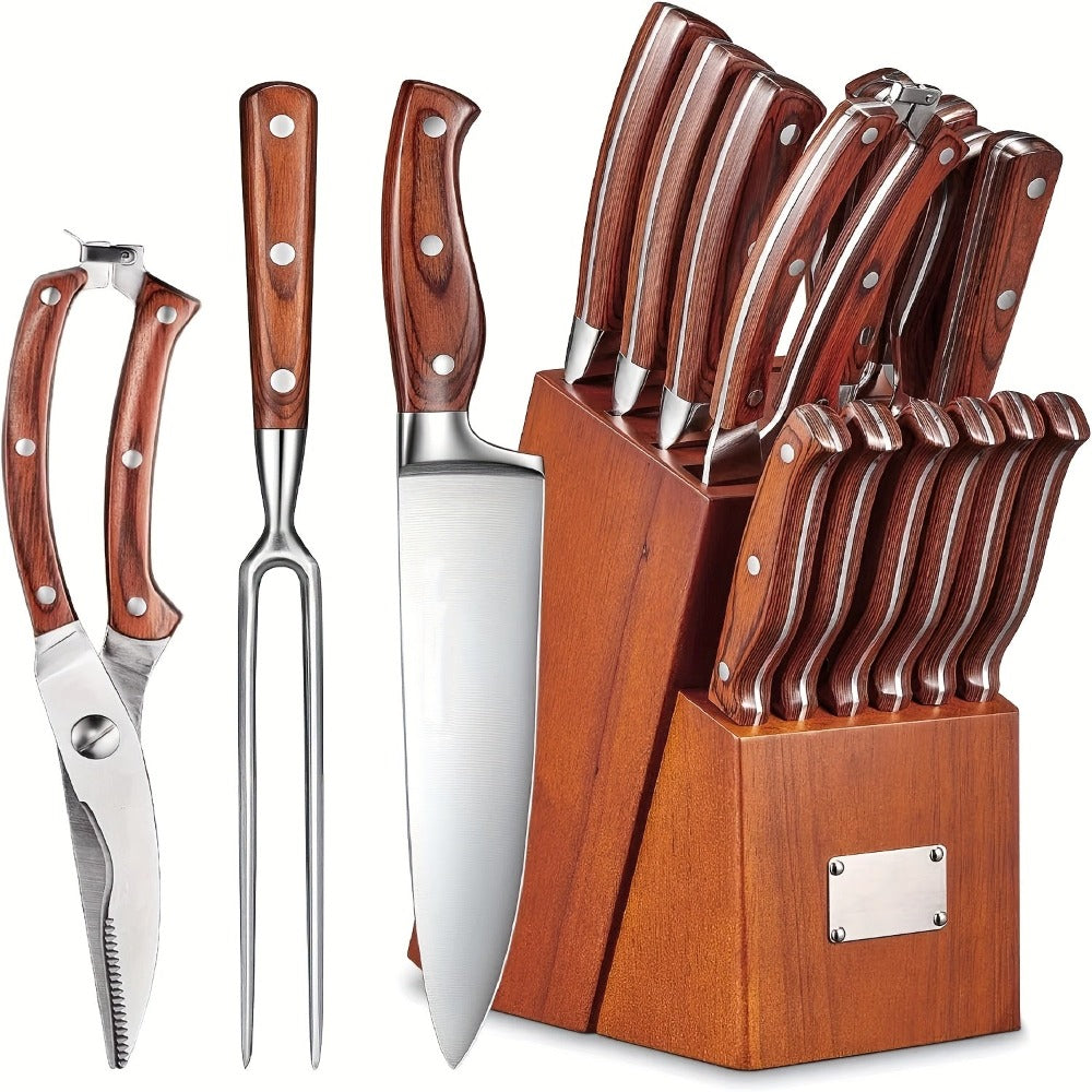 16 piezas de complementos de cocina, juego de cocina, artículos de cocina, con mango de madera, juego de acero inoxidable con bloque de madera, electrodomésticos y complementos de cocina profesionales con acero de afilar, regalo de Navidad ideal para madr