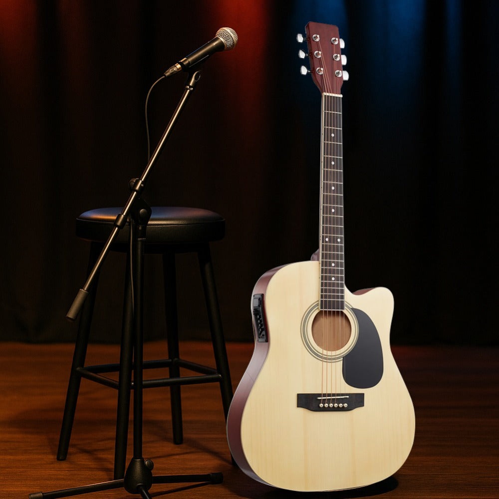 BAKAJI Guitarra Acústica Eléctrica de 41 Pulgadas con Estuche, Kit de Reemplazo de Cuerdas, Púas, Cable de Amplificador y Correa, Guitarra Folk Cutaway para Adultos y Principiantes