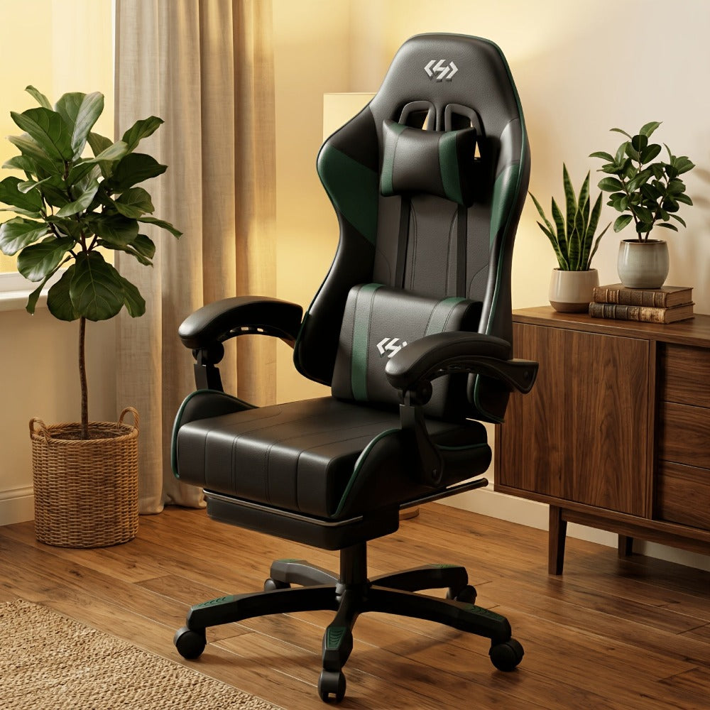 Silla de gaming ergonómica, silla de oficina con altura y respaldo ajustables, silla de oficina para computadora con soporte lumbar, reposapiés y reposacabezas, silla de gaming giratoria 360° con reposabrazos articulados