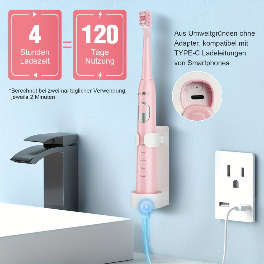 Cepillo de dientes sónico eléctrico para adultos con modos inteligentes y recargable por USB, tecnología de ondas de sonido apta para dientes y encías sensibles, cerdas suaves, 6 cabezales de cepillo, estuche de viaje y soporte de pared, apto para viajes,