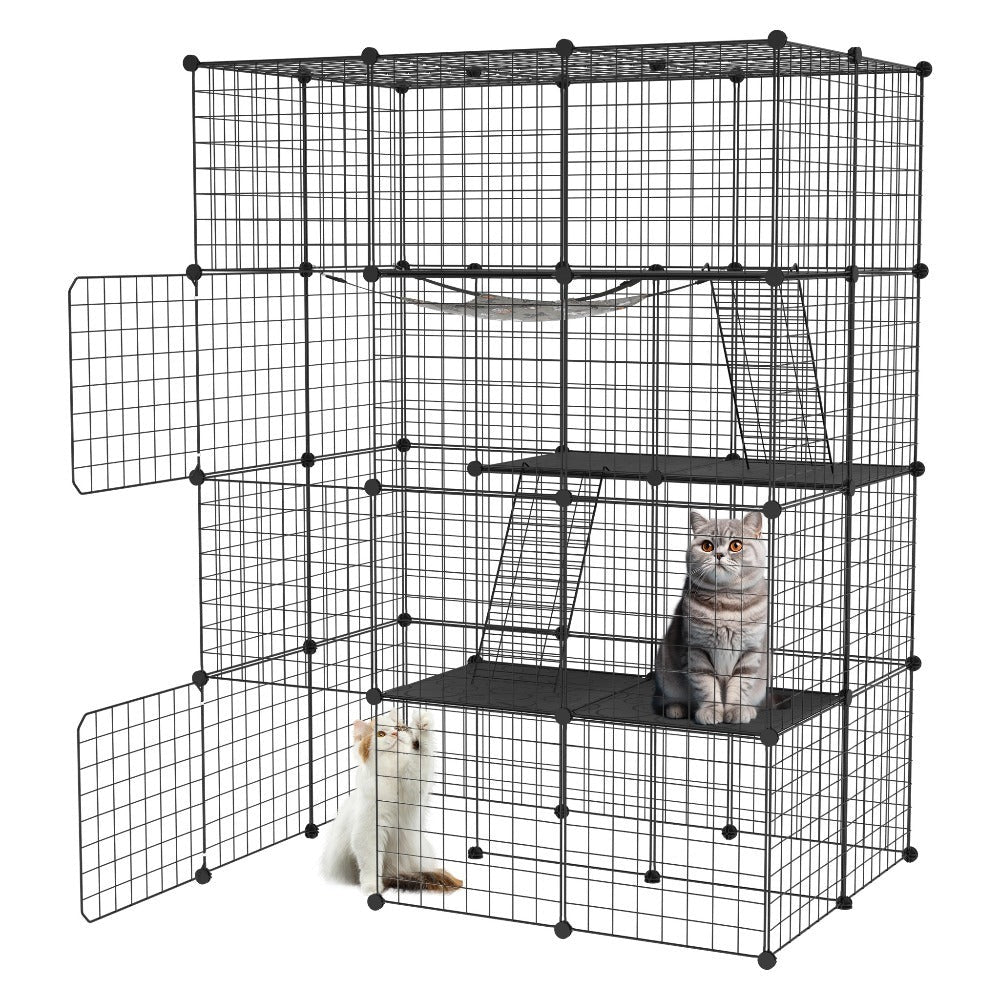 Cerradura Metálica Negra para Exteriores para Conejos, con Puerta y Adecuada para Animales Pequeños como Cobayas y Cachorros, Medidas 146X110X74 Cm (4 Columnas y 3 Capas)