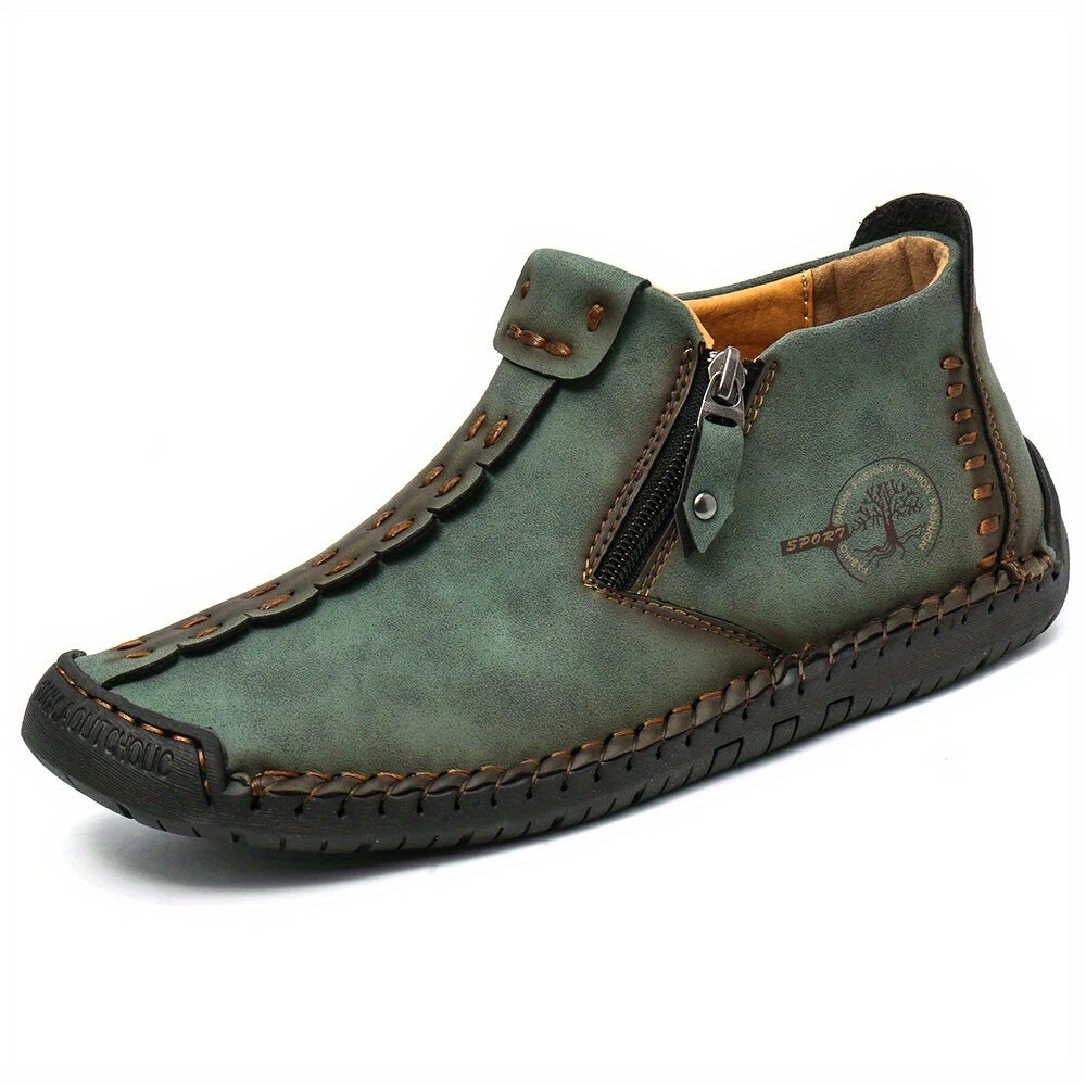 Botas de hombre con cremallera de costura, estilo vintage, suela de goma, zapatos de exterior tipo mocasín
