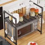 2/3 Niveles Soporte para microondas para encimera, Rejilla Para Horno Microondas Metal, Soporte Para Microondas Y Horno Cocina Con 4/8 Ganchos, Tiendas de condimentos, Adecuado para cocinas (Blanco / Negro)