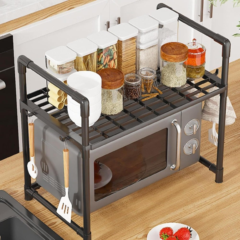 2/3 Niveles Soporte para microondas para encimera, Rejilla Para Horno Microondas Metal, Soporte Para Microondas Y Horno Cocina Con 4/8 Ganchos, Tiendas de condimentos, Adecuado para cocinas (Blanco / Negro)
