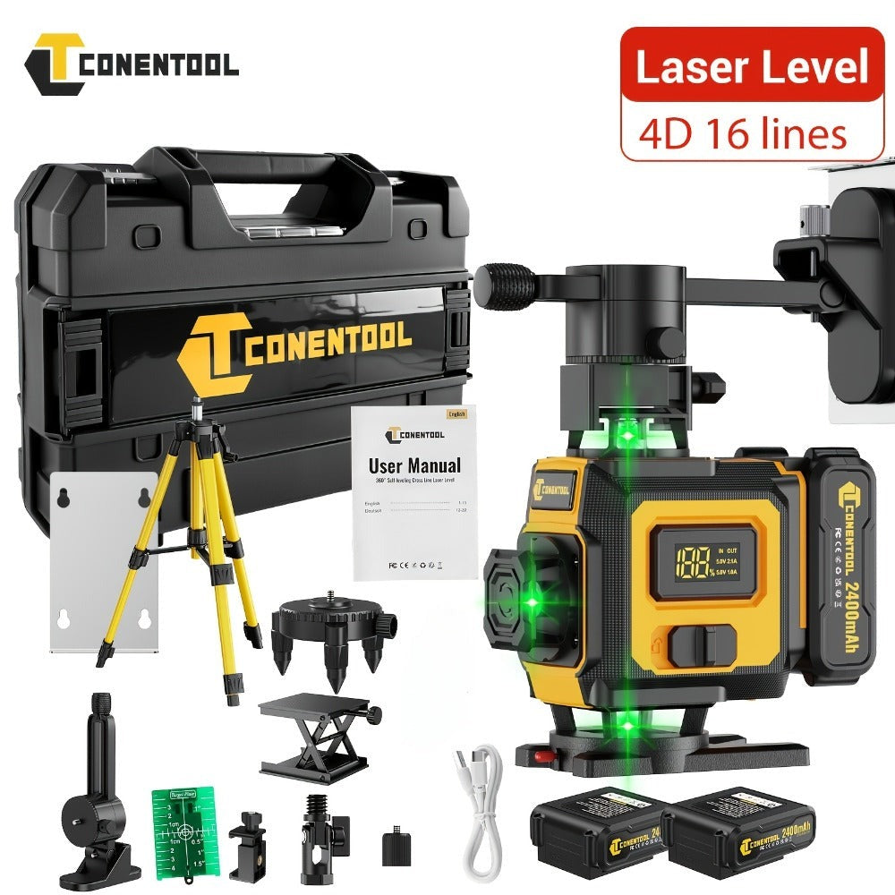 Nivel Láser Verde 4D de 16 líneas con retícula horizontal y vertical de alta precisión, rotación de 360°, nivelación automática y es un nivel láser multifuncional para medición precisa. Equipado con dos baterías de litio de 2400mAh/3600mAh