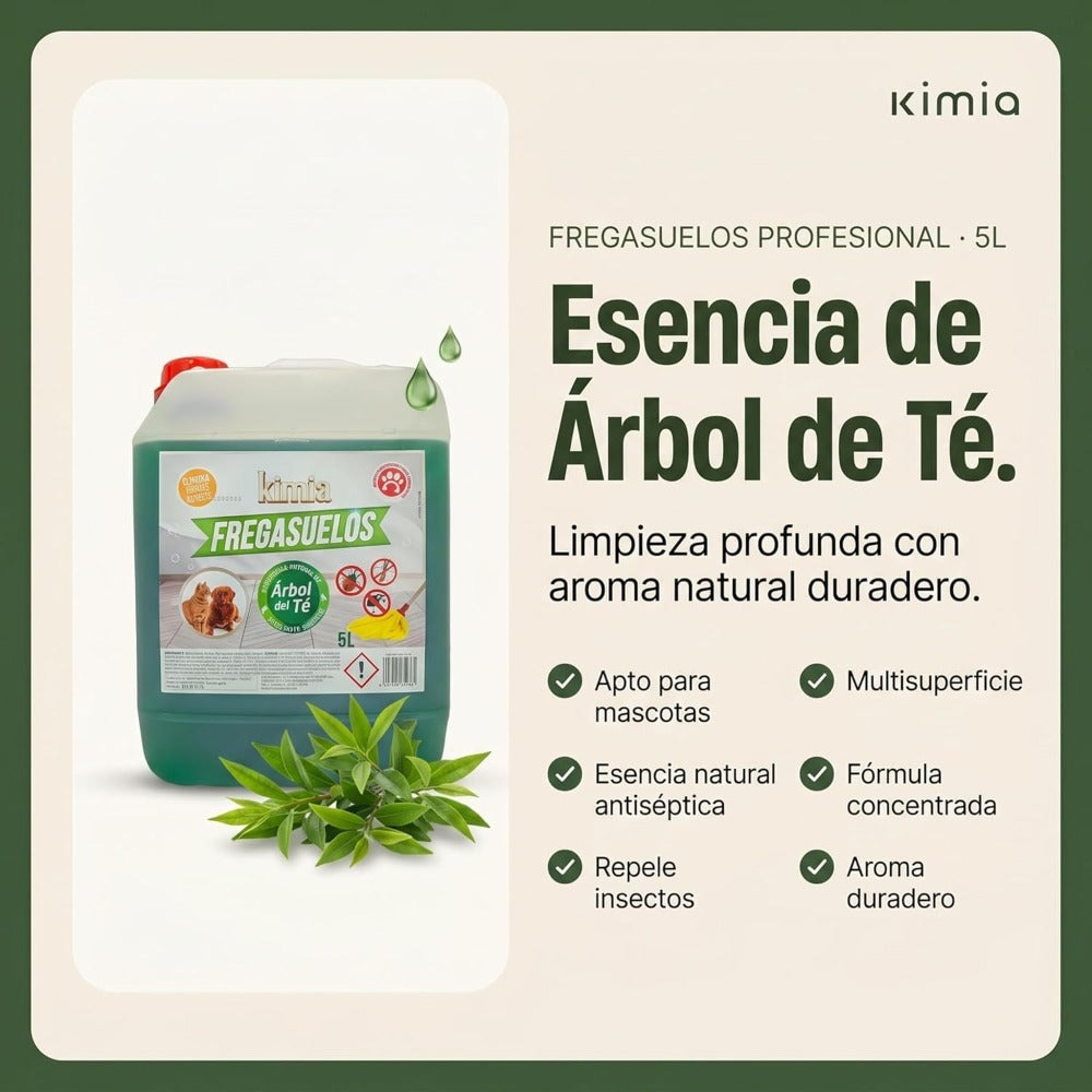 KIMIA - Fregasuelos Concentrado Profesional 5L | Limpiasuelos Mascotas | Friegasuelos Concentrado con Esencia de Arbol de Té | Especial Perros y Gatos | Todo Tipo de Superficies | Limpieza Profunda | Sin Aclarado