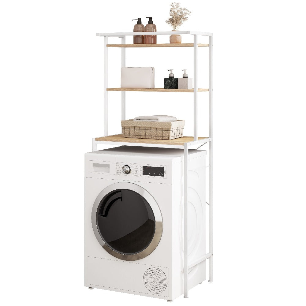 1pc Estante para Lavadora, Estante WC sobre la Lavadora, Armario de Lavadora, Armario de Baño, 3 Estantes, Toallero, Material Metal y Madera, 67x162x40cm