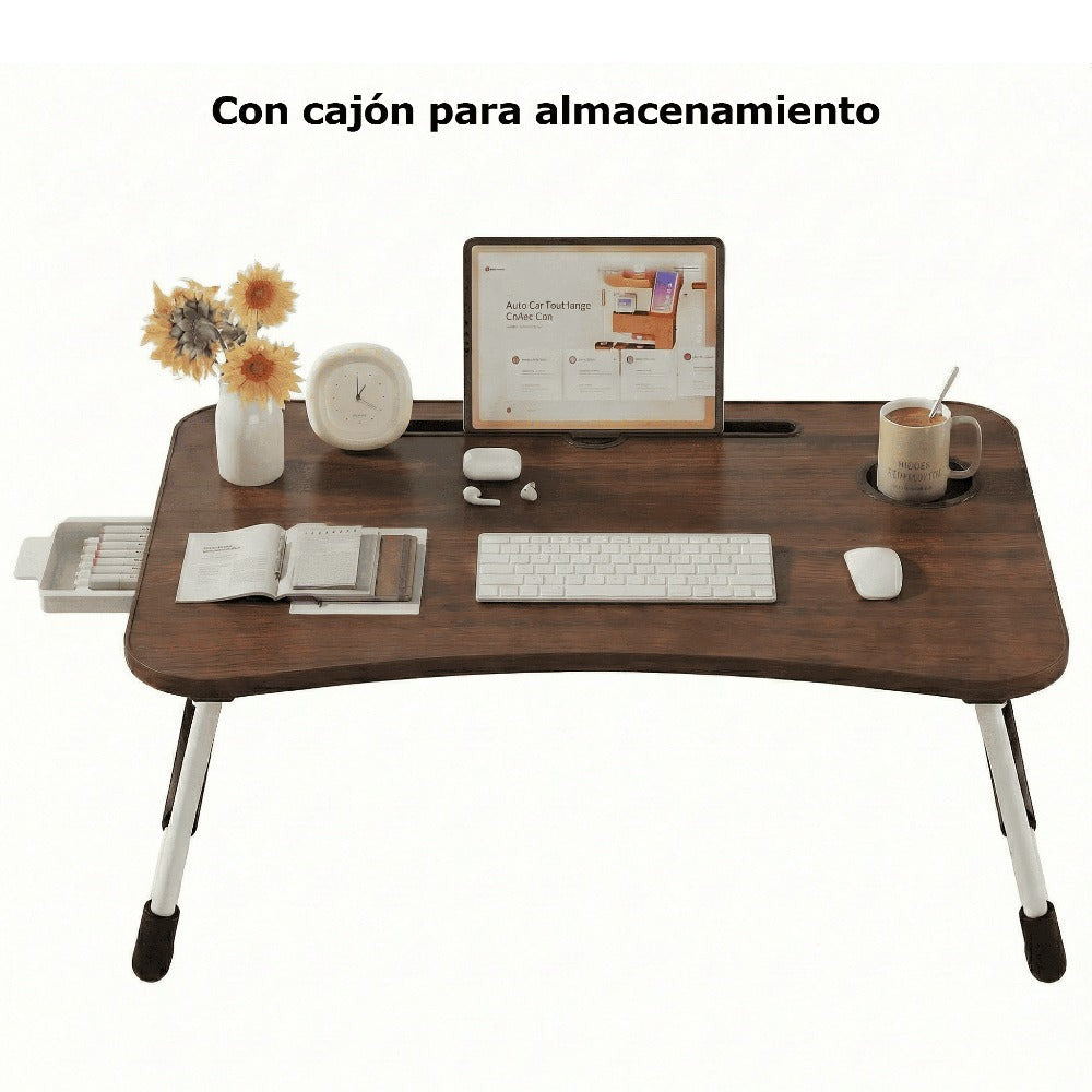 Mesa plegable multifunción para cama y sofá con portavasos, 60×40×28 cm, mesa auxiliar con atril para leer en la cama, bandeja multifunción para ordenador, libros, trabajo y estudio en casa (con cajón / sin cajón)