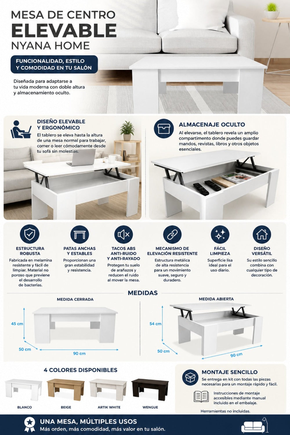 Mesa de Centro Elevable Nyana Home Mesa Multifuncional con Almacenaje Oculto Estructura Robusta y Estable Desplegable con Doble Altura