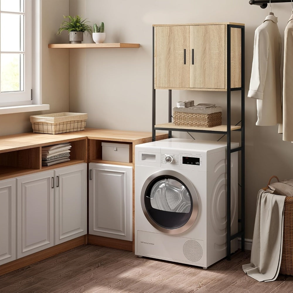 Estantería de baño de 1 pieza, gabinete para lavadora, estante para lavadora sobre inodoro, estante para inodoro con gabinete y estante ajustable, estantería de baño de madera y metal, 64.5 x 170 x 27 cm, estantes