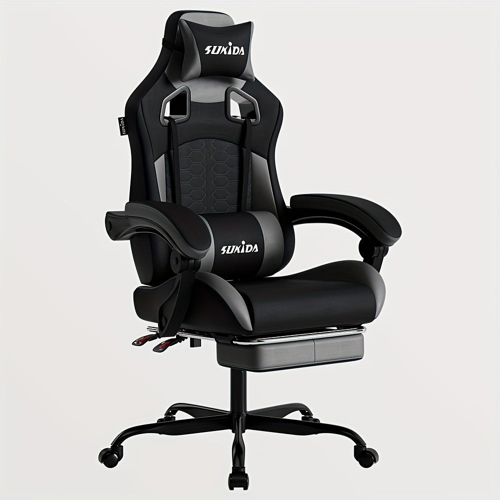 Silla Gaming, Silla Esports, Silla Gaming Ergonómica con Reposapiés, Silla Gaming de Carreras con Reposacabezas Ajustable, Silla de Ordenador con Altura Ajustable y Soporte Lumbar, Adecuada para Oficina en Casa y Gaming, Beige, Azul, Negro, Rojo, Naranja