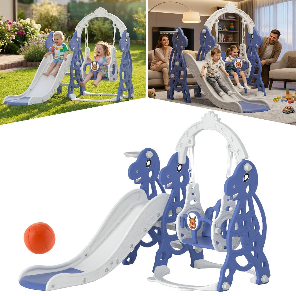 Tobogán infantil arqueado 4 en 1, tobogán infantil con columpio y canasta de baloncesto, longitud del tobogán 145 cm, apto para toboganes infantiles de interior y exterior, toboganes de jardín, toboganes para niños pequeños, parques infantiles