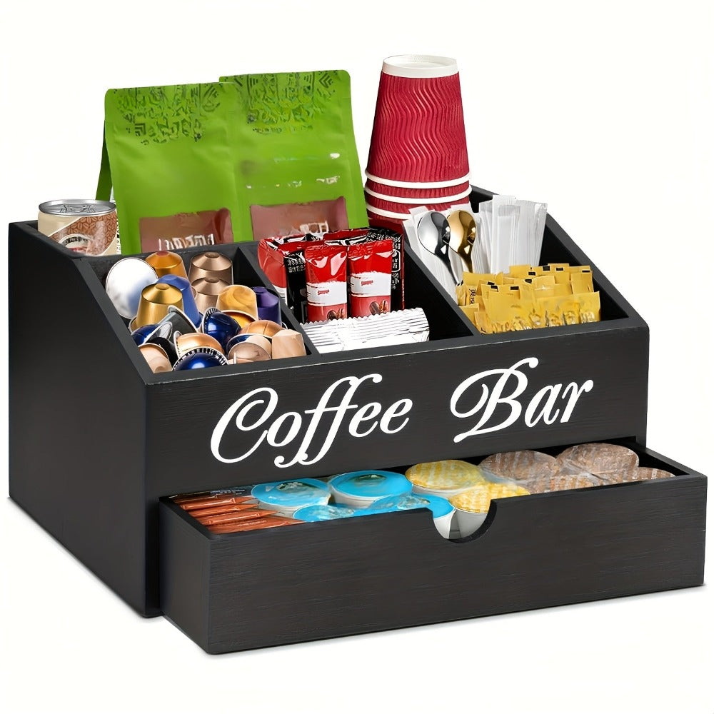 Organizador de barra de café Deluxe Freestable con cajón - Madera, apto para cápsulas de café, suministros de té, sobres de azúcar y cremas | Estación espaciosa para encimera, oficina, cafetería | Organizador de cajón para regalos de Navidad