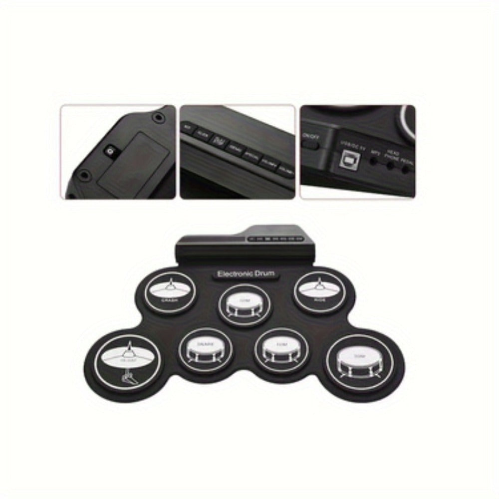 Batería electrónica, 7 pads enrollables, kit de batería midi portátil con altavoz incorporado/pedales/tomacables para auriculares, excelente regalo de vacaciones para principiantes