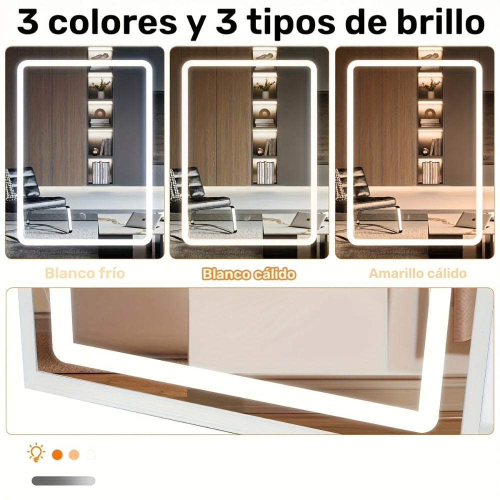 Tocador con espejo de iluminación LED y taburete, 3 modos de iluminación con brillo ajustable, mesa de maquillaje con 4 cajones y 3 estantes de almacenamiento, blanco moderno