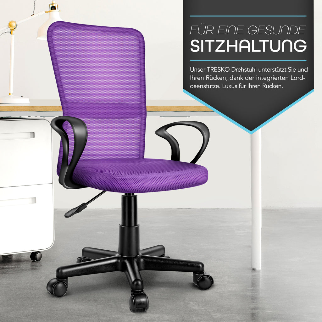 Silla de Oficina TRESKO® con Reposabrazos, Altura Ajustable Continua | Silla Giratoria de Malla Transpirable | Silla de Escritorio con Ruedas de Plástico Ligeras, Superficie Acolchada, Ajuste Ergonómico | Silla de Ordenador Ideal para Oficina en Casa, Hab